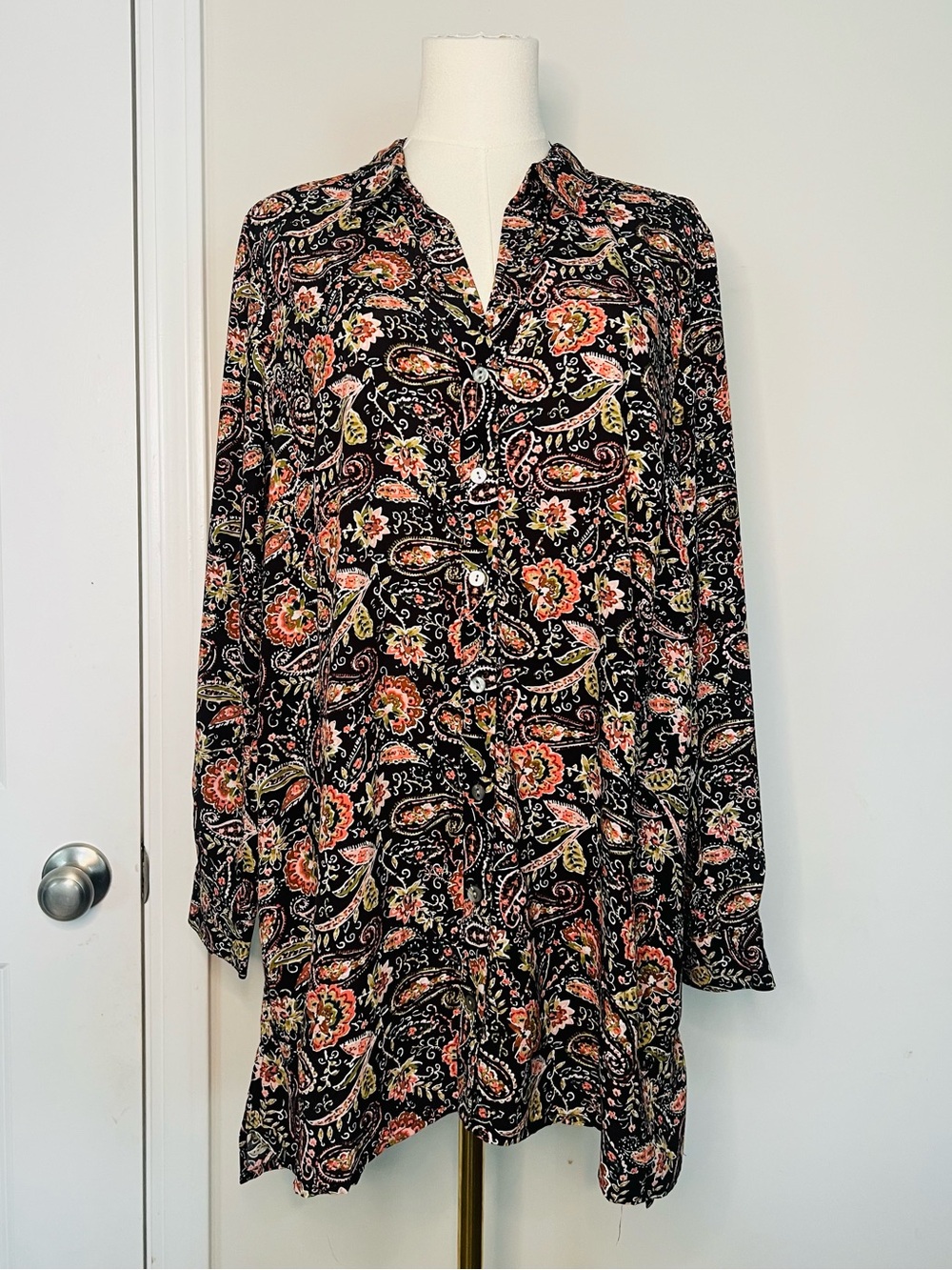 J. Jill Petite M Tunic Shirt Blouse Paisley Print *Pockets Flowy High Low Long